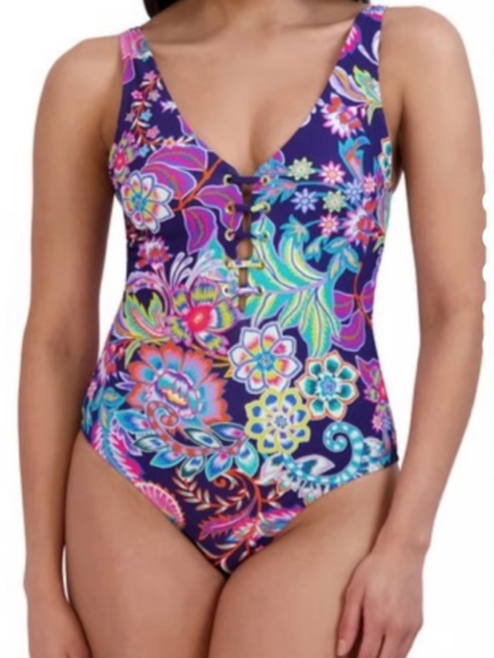 NWT BCBGMAXAZRIA Women’s Navy & Multi Color Floral One Piece Bathing Suit Small